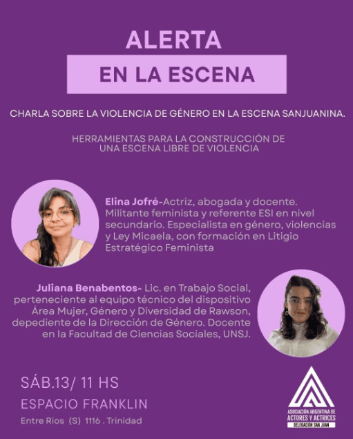 Conferencias en San Juan: Alerta en la Escena - Charla sobre Violencia de Genero en la Escena Sanjuanina en Espacio Franklin Teatro de Arte el sáb, 13 de diciembre