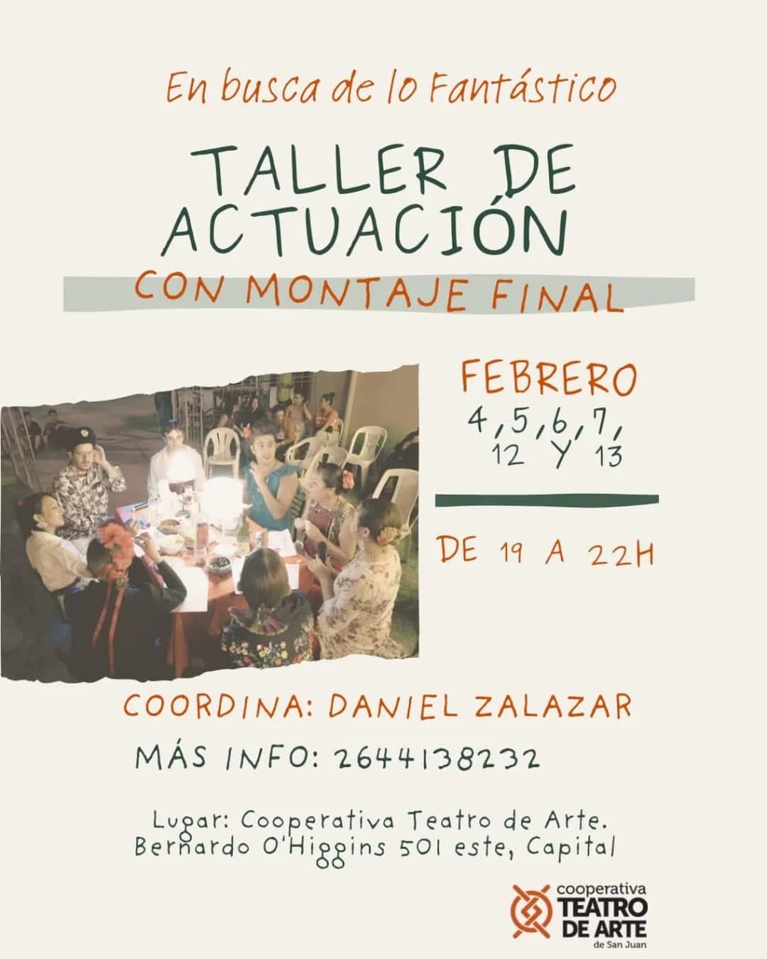 Teatro en San Juan: Taller de Actuacion con Montaje Final en SALA COOPERATIVA TEATRO DE ARTE el mié, 4 de febrero
