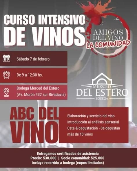 Conferencias en San Juan: Curso Intensivo de Vinos en Bodega Merced del Estero el sáb, 7 de febrero