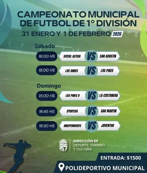 Deportes en San Juan: Campeonato Municipal de Futbol de 1º Division en Valle Fértil el dom, 1 de febrero